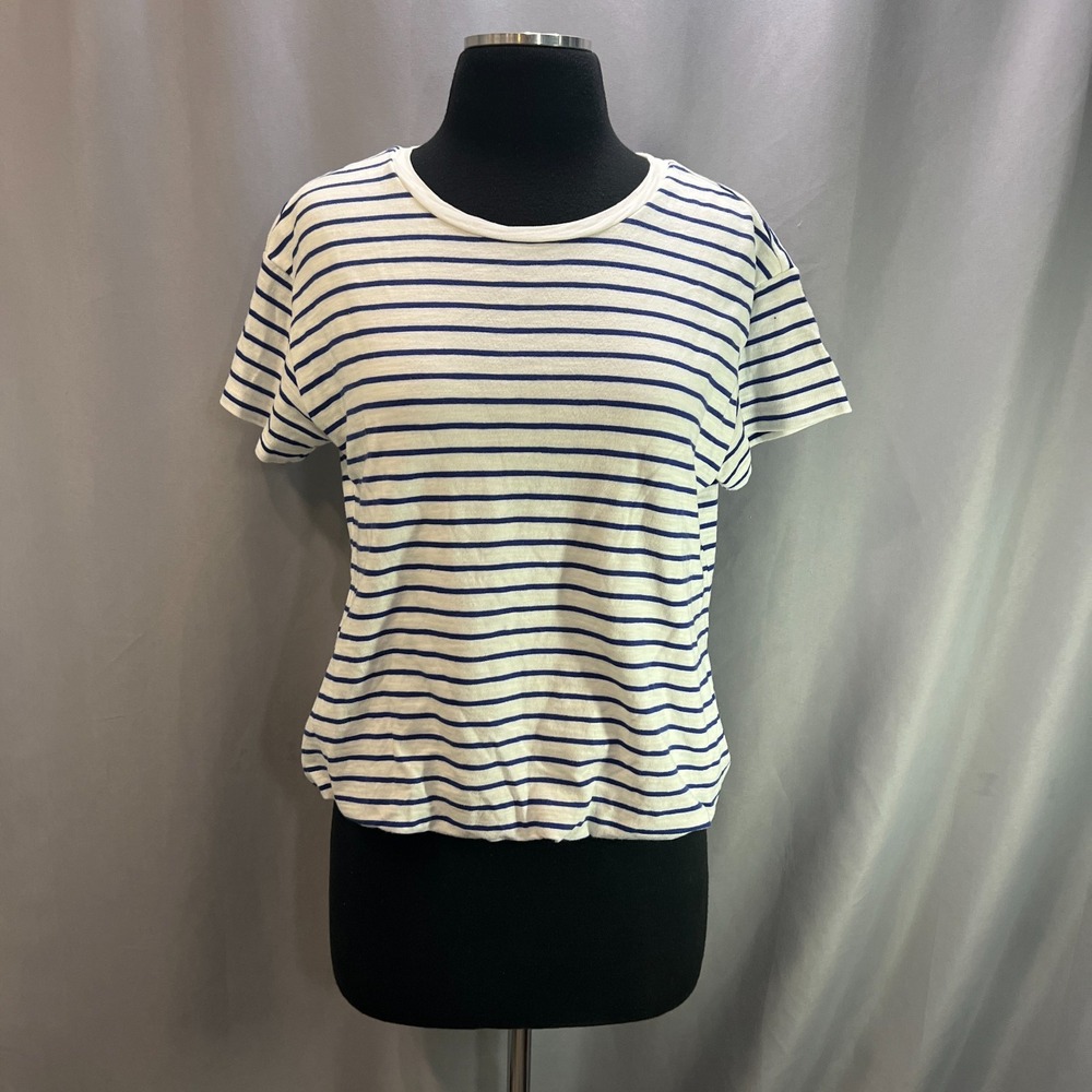Evereve Skye Stripe Bubble Tee Womens XS White Blue Stripe Cotton Crew Neck